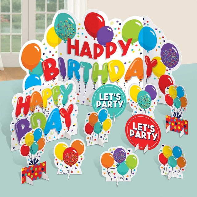 Colorful Table Decorating Centrepiece Kit for birthdays, featuring 11 decorations in various sizes to elevate any celebration.