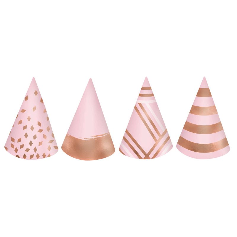 Blush foil cone hats for birthdays, 10cm, pack of 12, stylish and shimmery for festive celebrations.