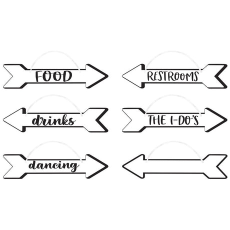 Elegant wedding directional signs with ribbons, guiding guests to key locations in a stylish design, pack of 6.