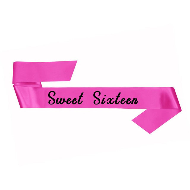 Elegant pink fabric sash for Sweet Sixteen celebrations, measuring 76cm, featuring "Sweet Sixteen" text for stylish elegance.