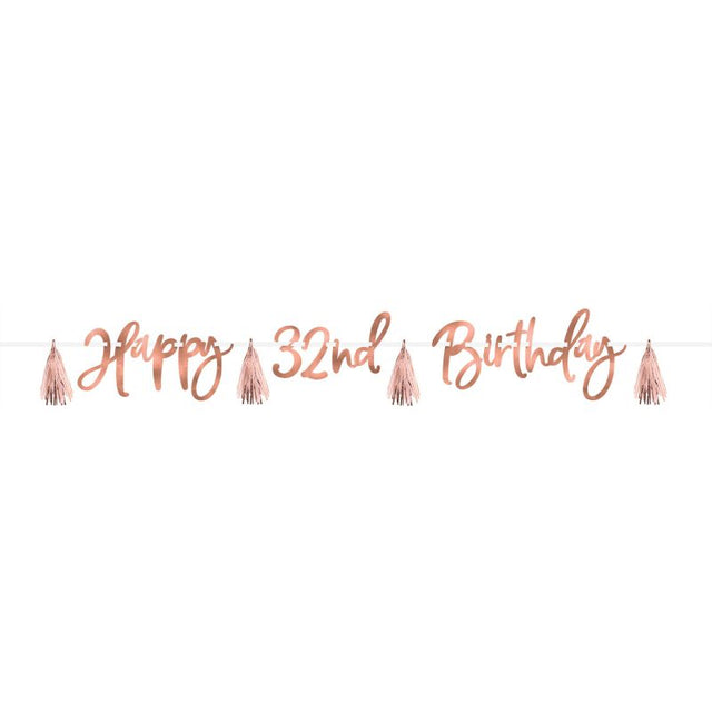 Blush birthday foil banner kit for customizable celebrations, featuring numbers and suffixes for any age.