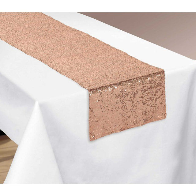 Rose gold sequin table runner measuring 33cm x 1.82m, perfect for elegant dining and events, easy to clean and stylish.