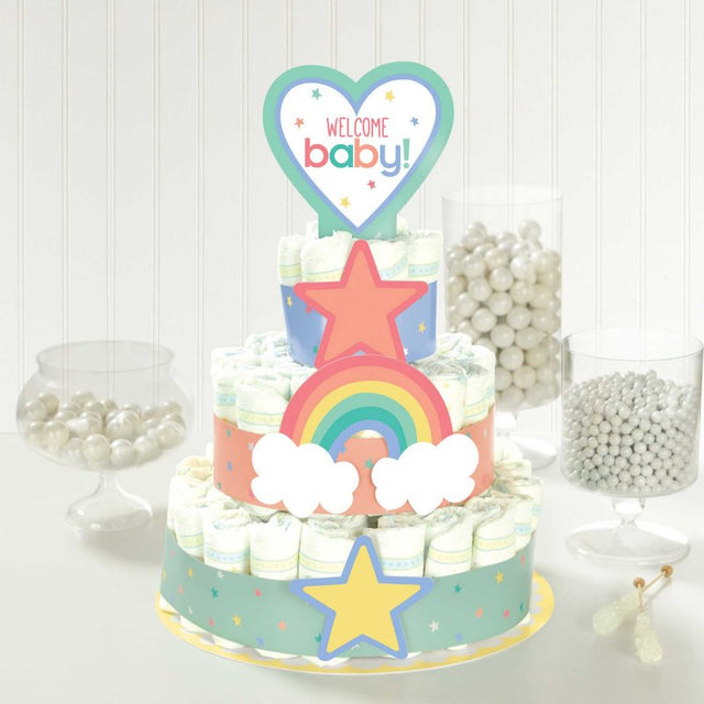 Neutral diaper cake kit with 34cm base, strips, and cutouts for a charming baby shower centerpiece.