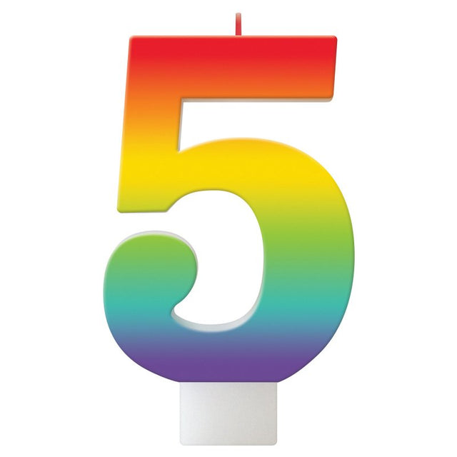 Bright rainbow birthday candle #5, 11cm, perfect for adding festive cheer to cakes at any age celebration.