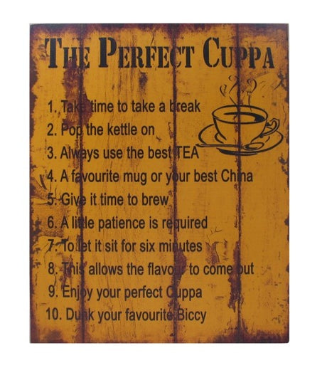 Vintage-inspired wooden plaque titled "The Perfect Cuppa," ideal for tea lovers, easy to hang, perfect for home decor.