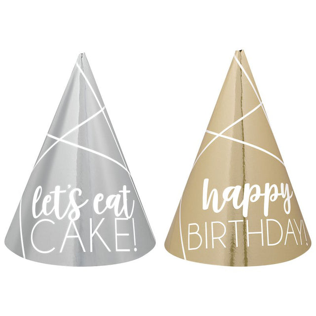 Mini foil party hats in gold and silver, cone-shaped, perfect for festive celebrations; pack of 12 for all ages.