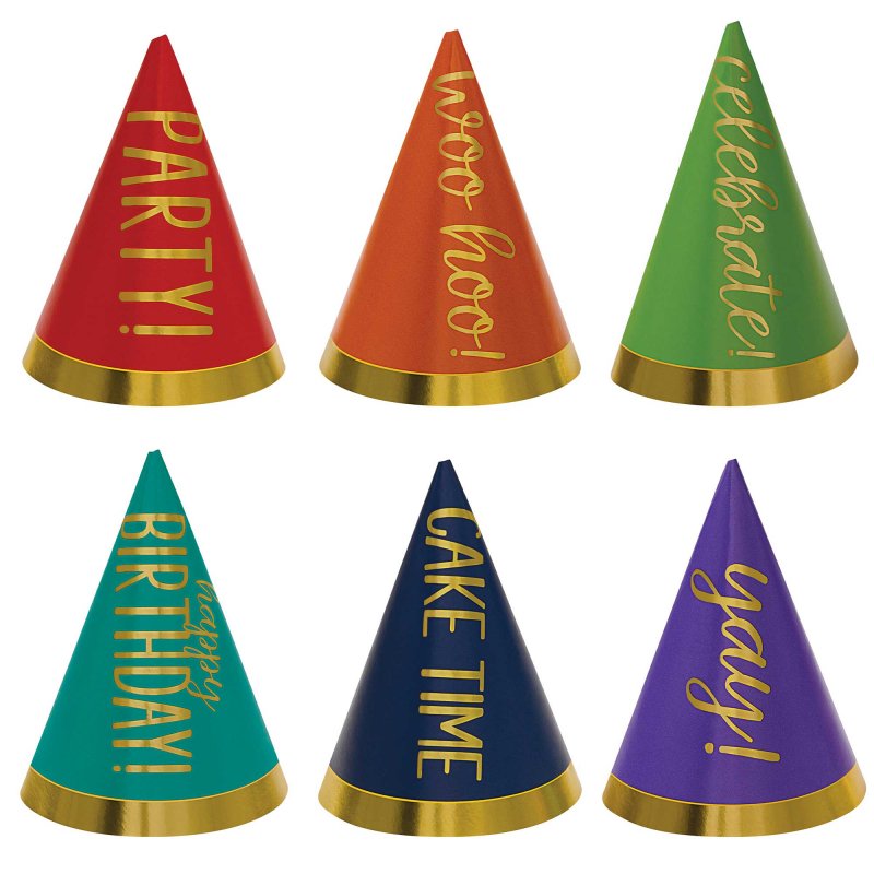 Colorful mini foil party hats in cone shape, 10cm, pack of 12, perfect for festive celebrations and all ages.