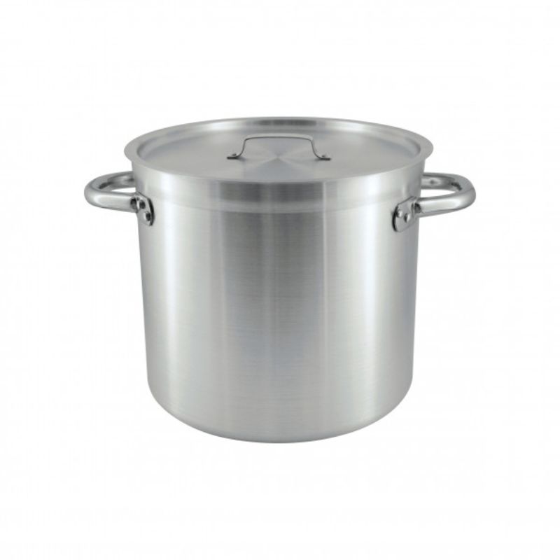 High-capacity 12.0L anodised aluminium stockpot for even cooking, ideal for soups and stews in professional or home kitchens.