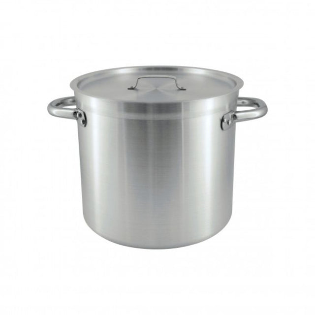 High-capacity 12.0L anodised aluminium stockpot for even cooking, ideal for soups and stews in professional or home kitchens.