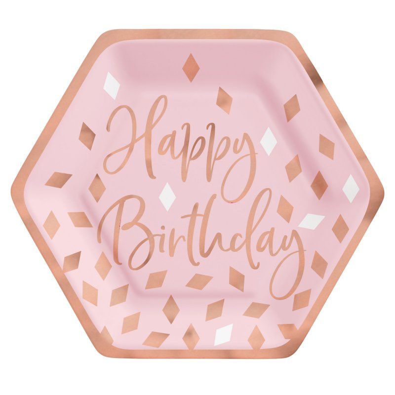 Blush hexagonal metallic paper plates, pack of 8, perfect for elegant parties and easy cleanup.