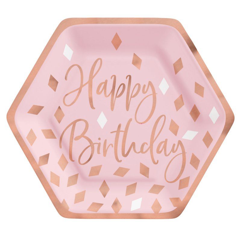 "Blush Birthday 7"" / 17cm Hexagonal Metallic Paper Plates - Pack of 8
