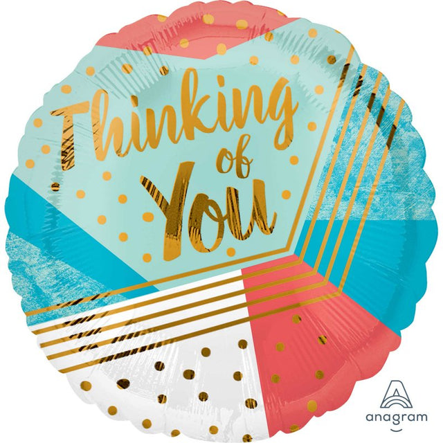 Geometric foil balloon measuring 45cm with "Thinking Of You" text, perfect for celebrations and heartfelt gifts.