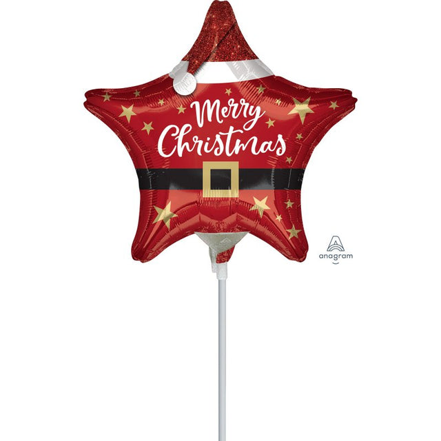 Foil balloon shaped like a star featuring a whimsical Santa design, perfect for Christmas decorations and celebrations.