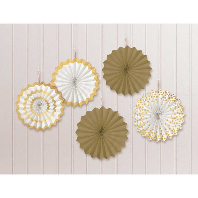 Elegant white and gold mini paper fans, 12cm, perfect for decorating events like weddings and parties (pack of 5).