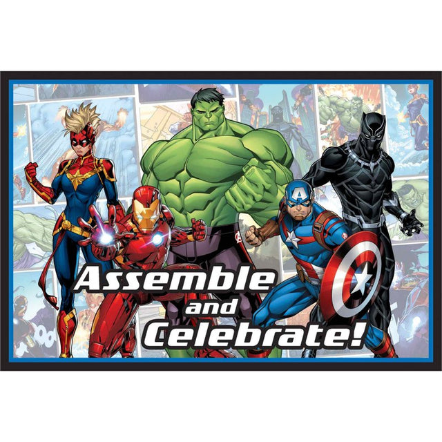 Vibrant Marvel Powers Unite postcards for superhero-themed invitations, featuring iconic characters and ample extras.