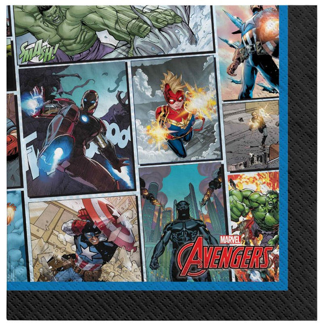 Colorful Marvel-themed beverage napkins featuring popular characters, perfect for parties and easy clean-up, pack of 16.