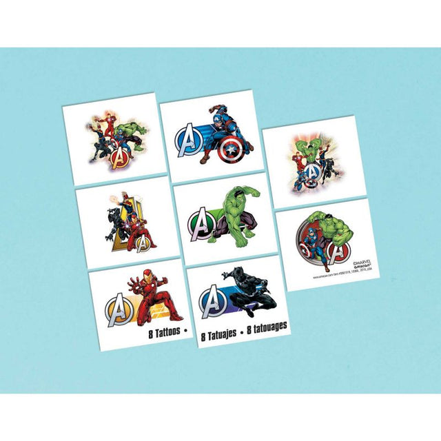 Pack of 8 Marvel temporary tattoos featuring Iron Man, Captain America, and Thor for kids' parties and fun events.