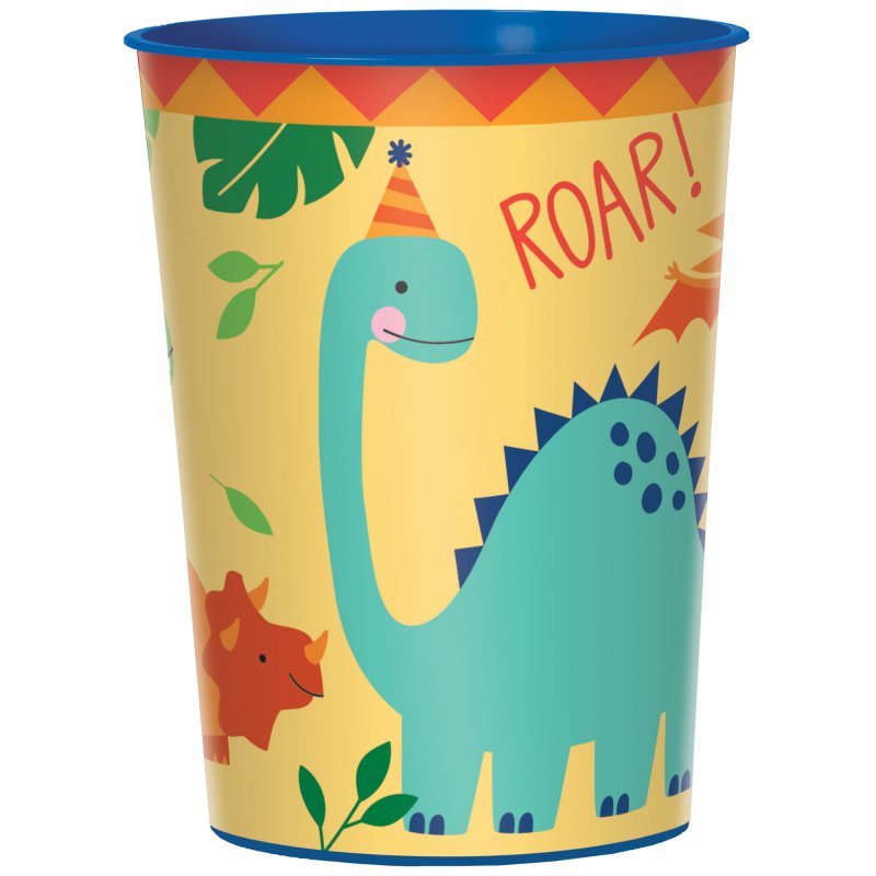 Vibrant 473ml plastic cup featuring playful dinosaur illustrations, perfect for children's dino-themed parties.