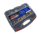 100-piece JBS stainless steel hose clamp maintenance kit in a plastic case, ideal for workshops and equipment maintenance.