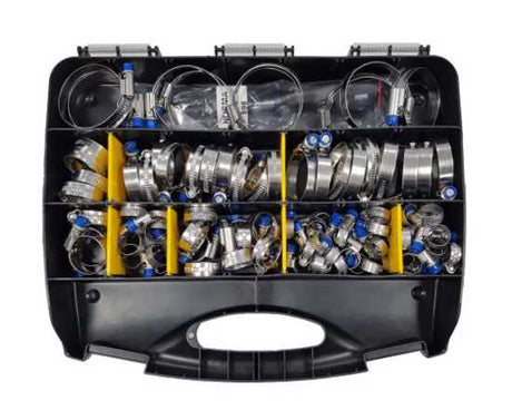 JBS 100-piece stainless steel hose clamp maintenance kit with assorted sizes in a durable plastic case.