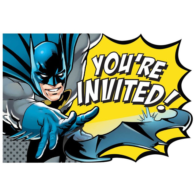 Batman-themed party invitations featuring vibrant characters, perfect for superhero birthday celebrations, includes envelopes and seals.