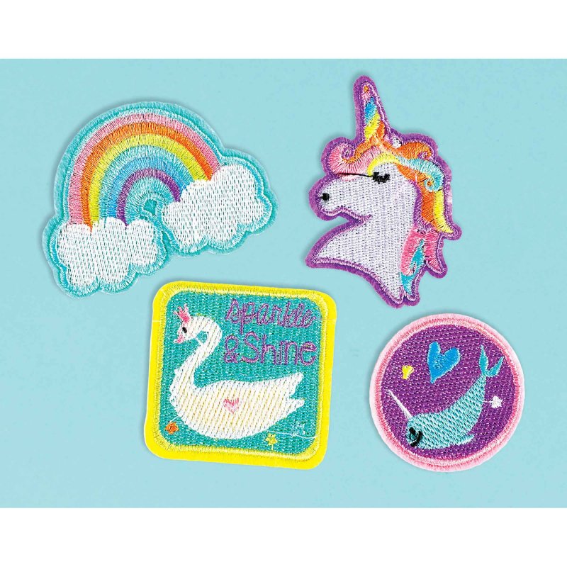 Colorful 5cm embroidered iron-on patches featuring magical rainbows, perfect for personalizing birthday outfits and crafts. Pack of 4.