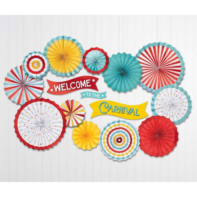 Vibrant Carnival Paper Fans & Cutouts kit with assorted sizes for festive party decorations, featuring 15 colorful pieces.