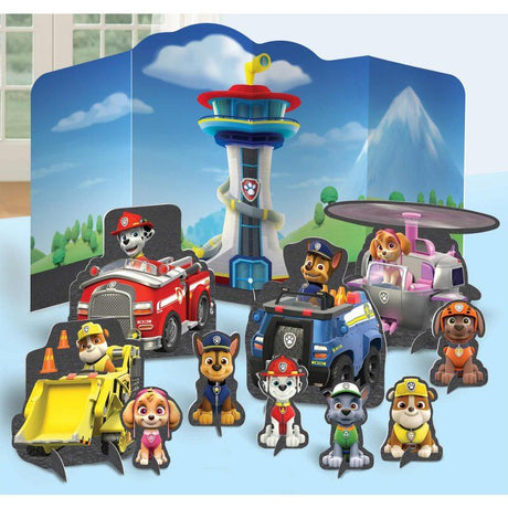 Colorful Paw Patrol table decorating kit featuring centerpieces of beloved characters for exciting kids' birthday parties.