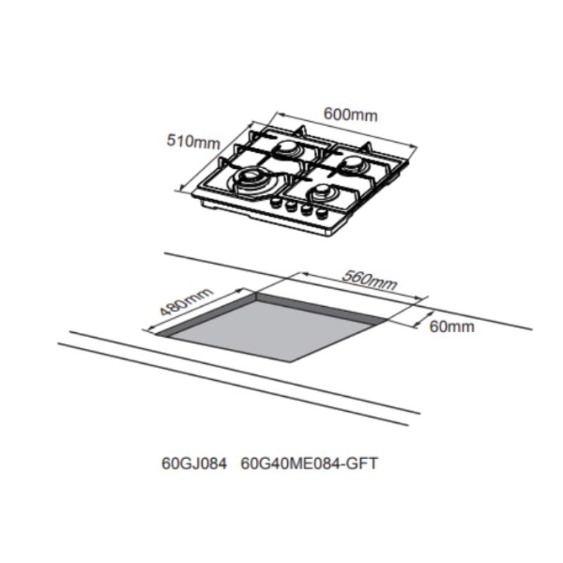 Midea 60cm Black Glass Gas Cooktop with 4 burners, flame failure devices, automatic ignition, and stylish design.