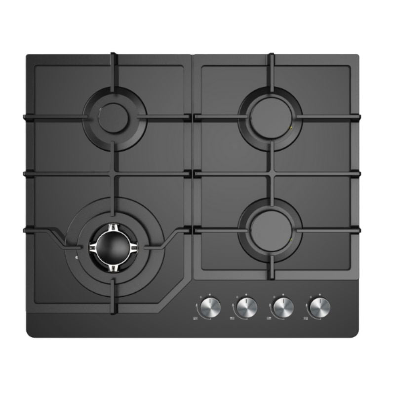 Midea 60cm Black Glass Gas Cooktop featuring 4 Sabaf burners, automatic ignition, and safety flame failure devices.