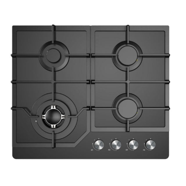 Midea 60cm Black Glass Gas Cooktop featuring 4 Sabaf burners, automatic ignition, and safety flame failure devices.