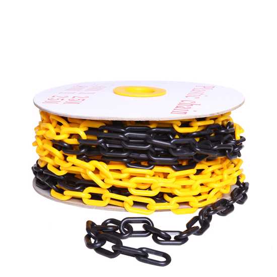 Durable 25m plastic safety chain with 8mm links for crowd control, traffic safety, and area delineation.
