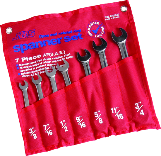 7-piece JBS Ratchet ROE Imperial Spanner Set in tool roll, polished for durability, meets DIN standards, sizes 3/8" to 3/4".