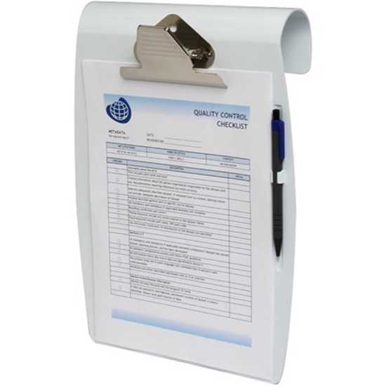 A heavy-duty white A4 clipboard with a metal clip and pen holder, designed for organized hanging use in various environments.