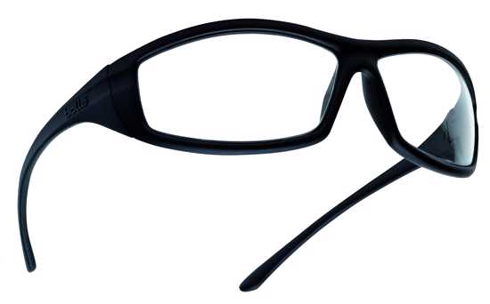 Eco-friendly Bolle Solis safety glasses in a box of 20, featuring recycled nylon frames, anti-fog coating, and secure fit.