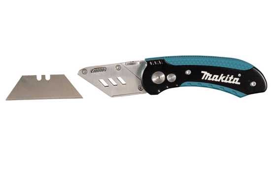 Makita Quick Change Folding Utility Knife with heavy-duty construction, quick blade change, and convenient belt clip for portability.