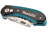 Makita Quick Change Folding Utility Knife with heavy-duty design, quick blade replacement, belt clip, and 10 blades included.