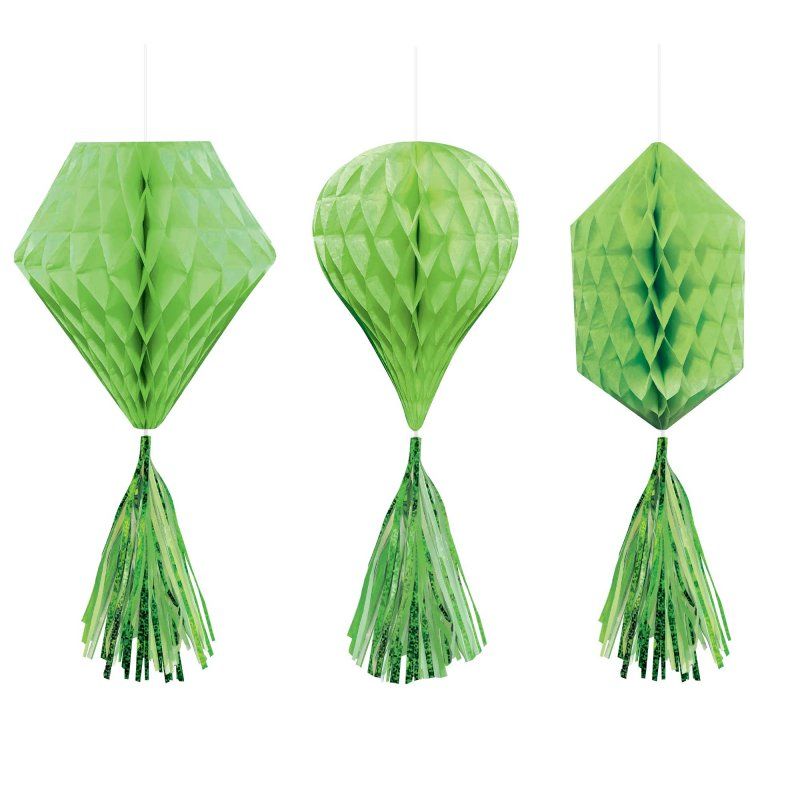 Three vibrant kiwi green mini honeycomb hanging decorations, perfect for festive events and easy to set up.