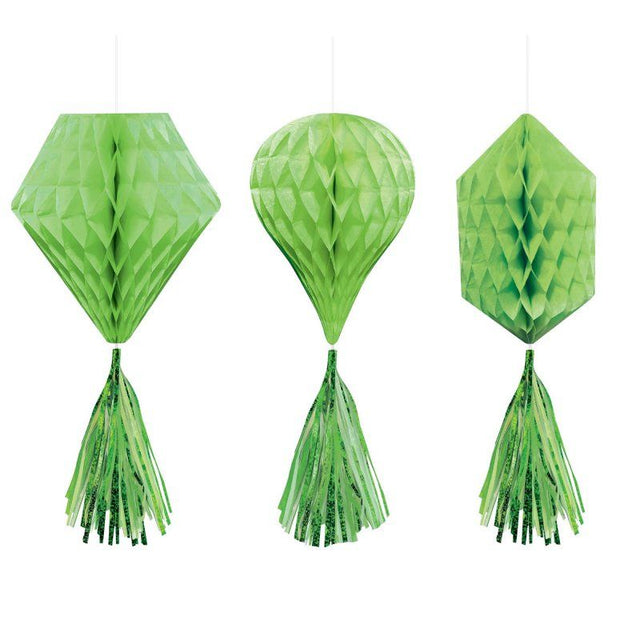 Three vibrant kiwi green mini honeycomb hanging decorations, perfect for festive events and easy to set up.