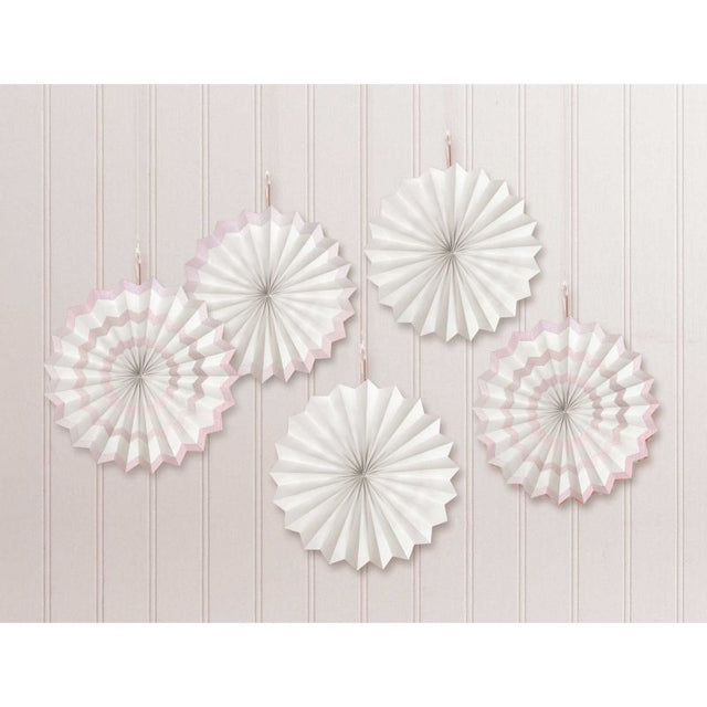 Mini paper fans with white hot-stamped design, 12cm, perfect for adding charm to celebrations in a pack of 5.