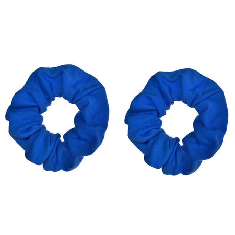 Pack of 2 blue hair scrunchies made from soft fabric, perfect for secure hold and stylish versatility.