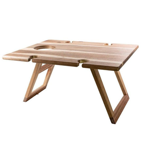 Folding picnic table in acacia wood with slots for 4 wine glasses and 1 bottle, perfect for outdoor dining and gatherings.