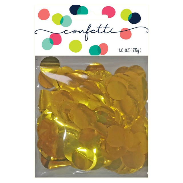 Gold metallic foil confetti circles (28g) add glamour to celebrations, perfect for table sprinkles and festive decorations.