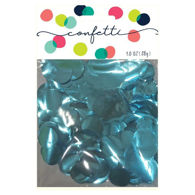 Metallic light blue 2cm foil confetti circles, ideal for adding shimmer to parties and celebrations, packaged in 28g.