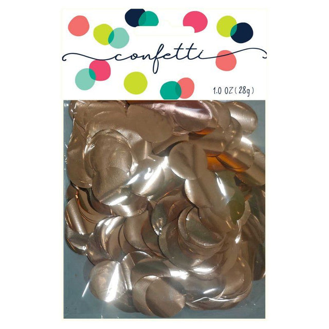 Metallic rose gold confetti circles, 2cm foil, perfect for elegant celebrations and décor, 28g package.