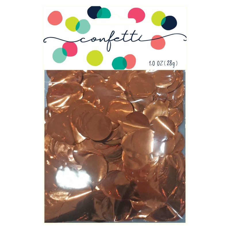 Metallic orange 2cm confetti circles in 28g pack, ideal for adding glamour to celebrations and crafts.