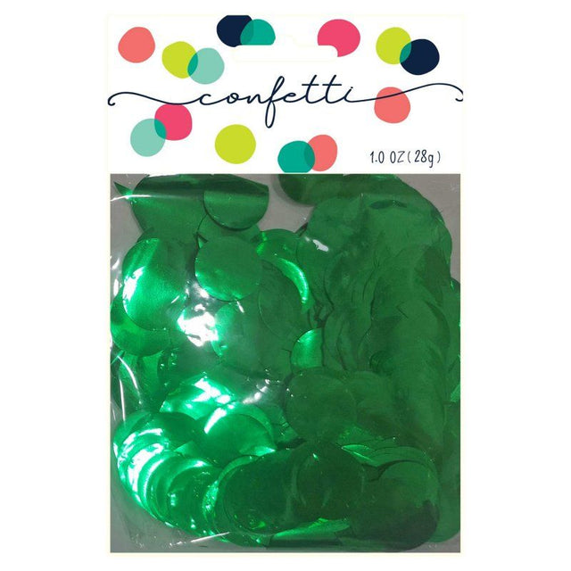 Metallic dark green confetti circles in 2cm, 28g pack, perfect for elegant party decor and DIY crafts.