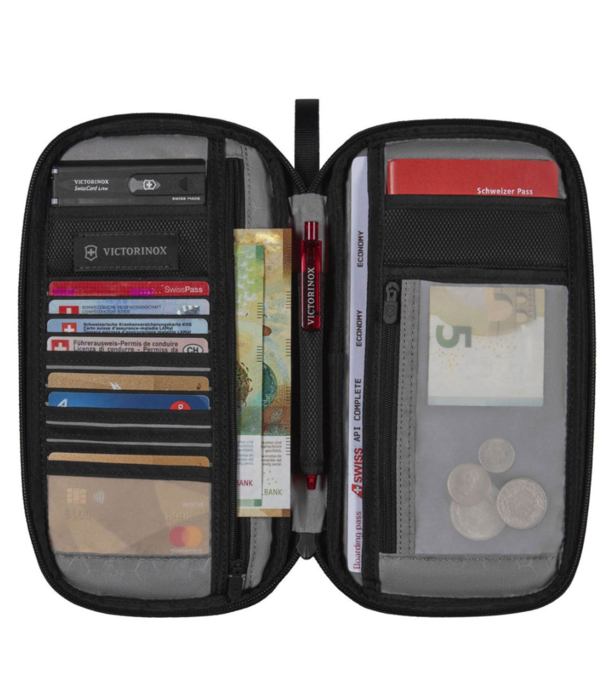 Victorinox black travel organizer wallet with RFID protection, featuring pockets for passport, currency, and quick-access tickets.