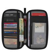 Victorinox black travel organizer wallet with RFID protection, featuring pockets for passport, currency, and quick-access tickets.