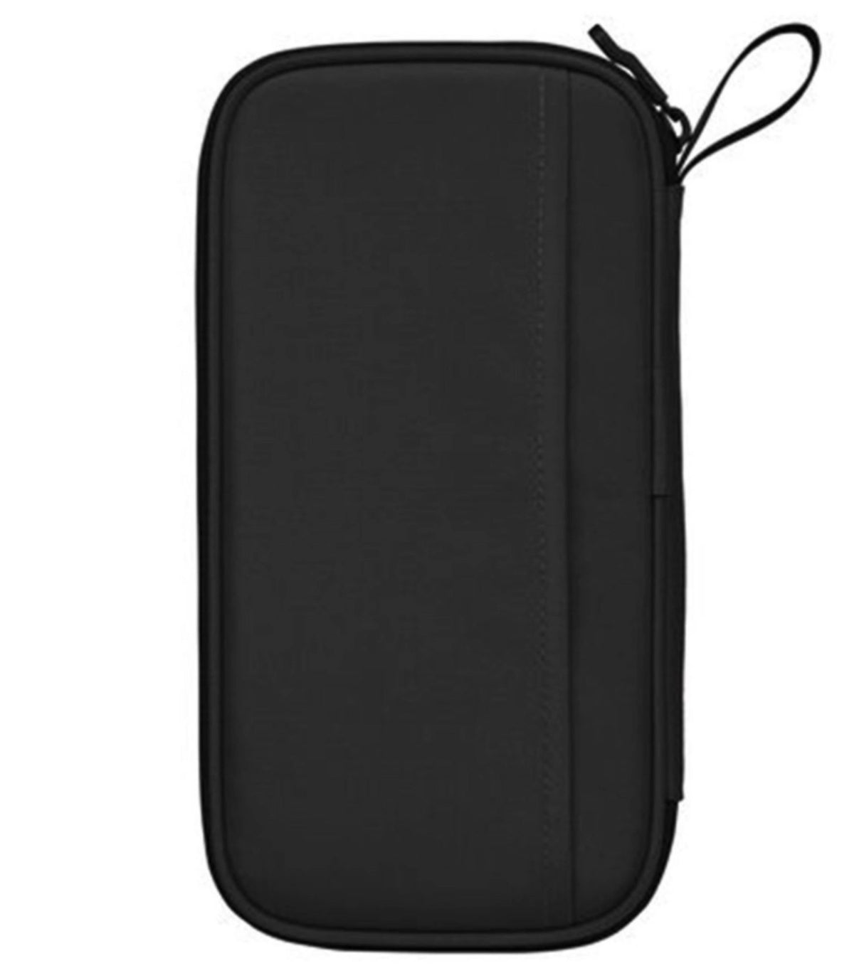 Sleek black travel wallet with RFID protection, featuring pockets for passports, tickets, and cards for organized travel.